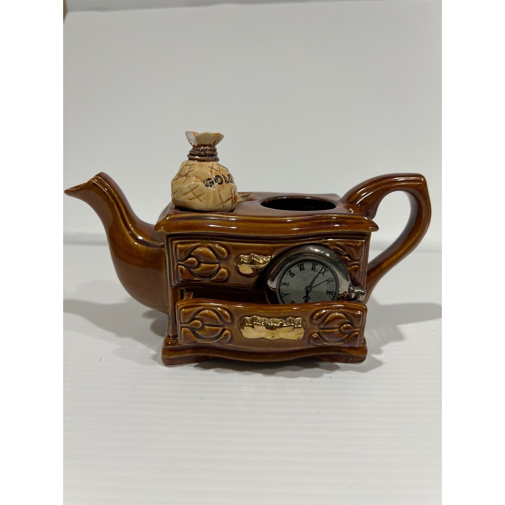 Cardew Design England Ceramic Teapot Dresser Pocket Watch Gold Bag Missing Lid